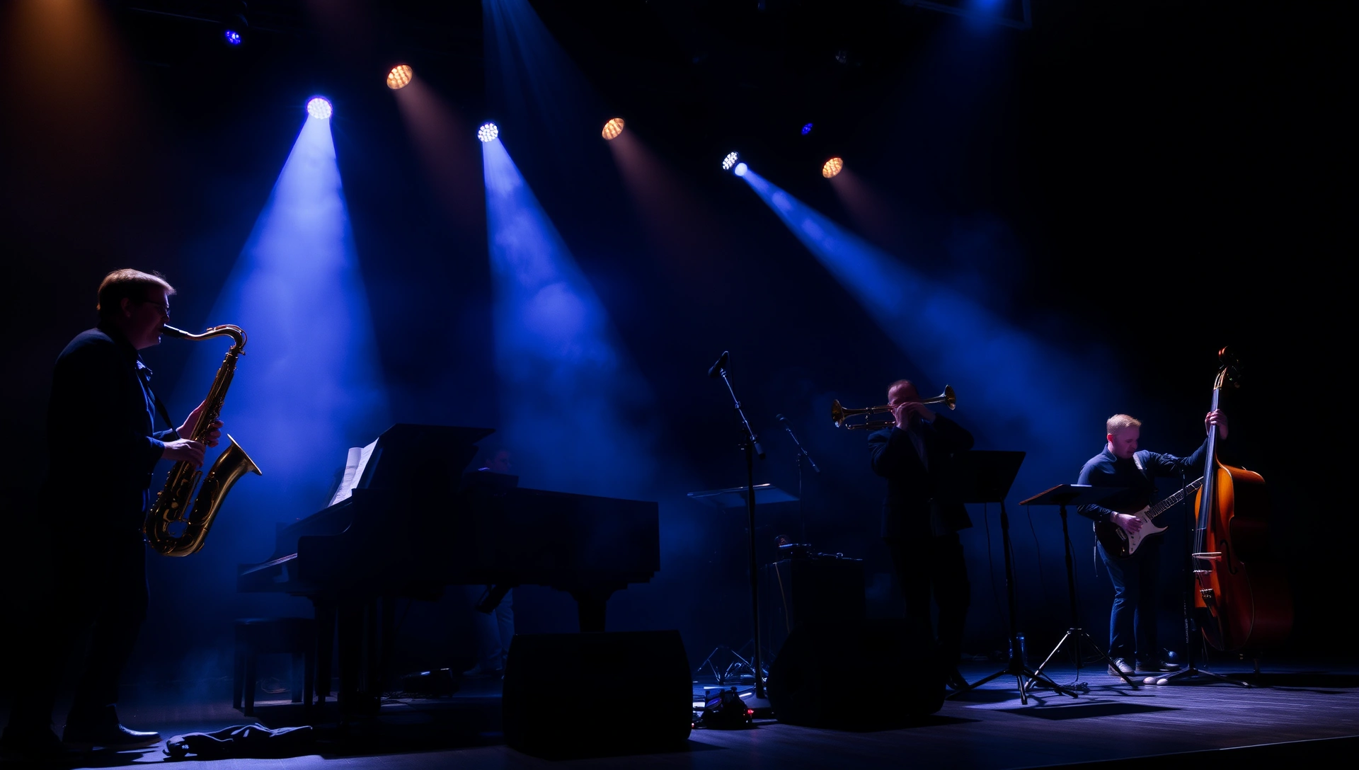 Blue Current jazz ensemble performing live with dramatic blue and amber stage lighting