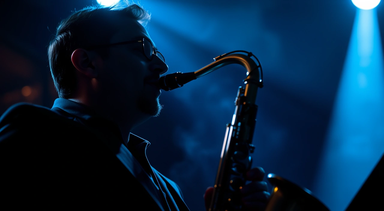 Featured live session - saxophone solo in intimate blue-lit jazz club