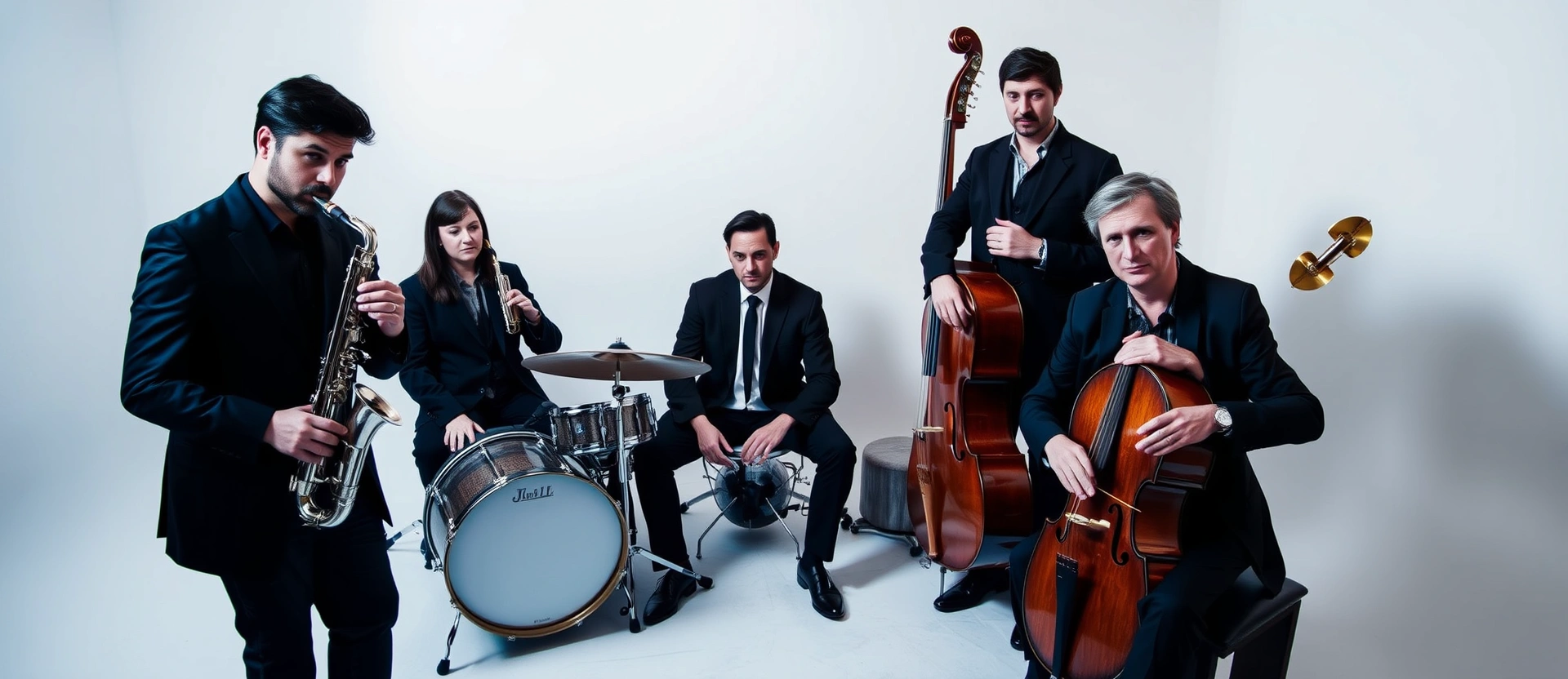 The ensemble gathered in moody studio lighting